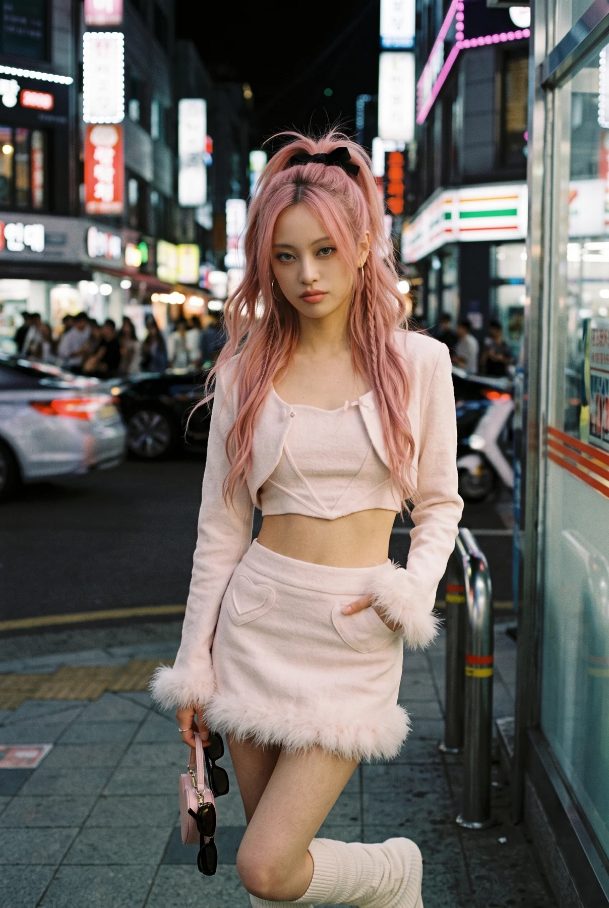 MILA in a white outfit surrounded by glowing city signs at night