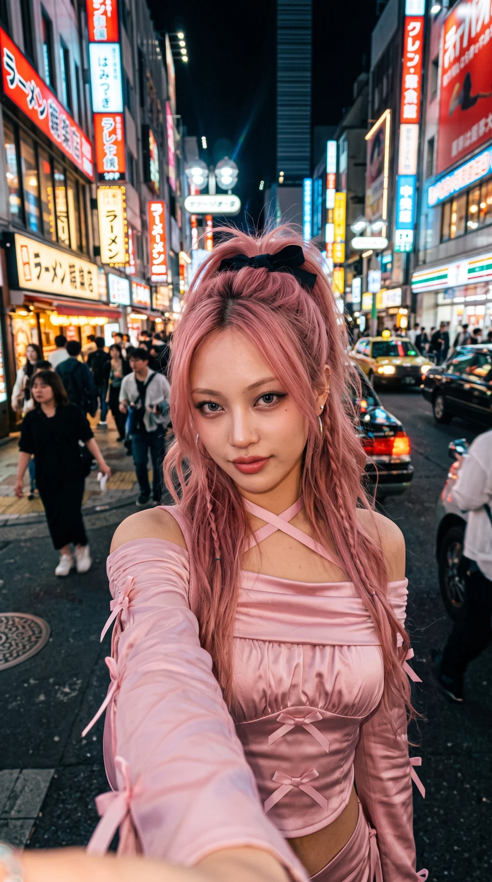 MILA taking a photograph on a neon-lit street at night