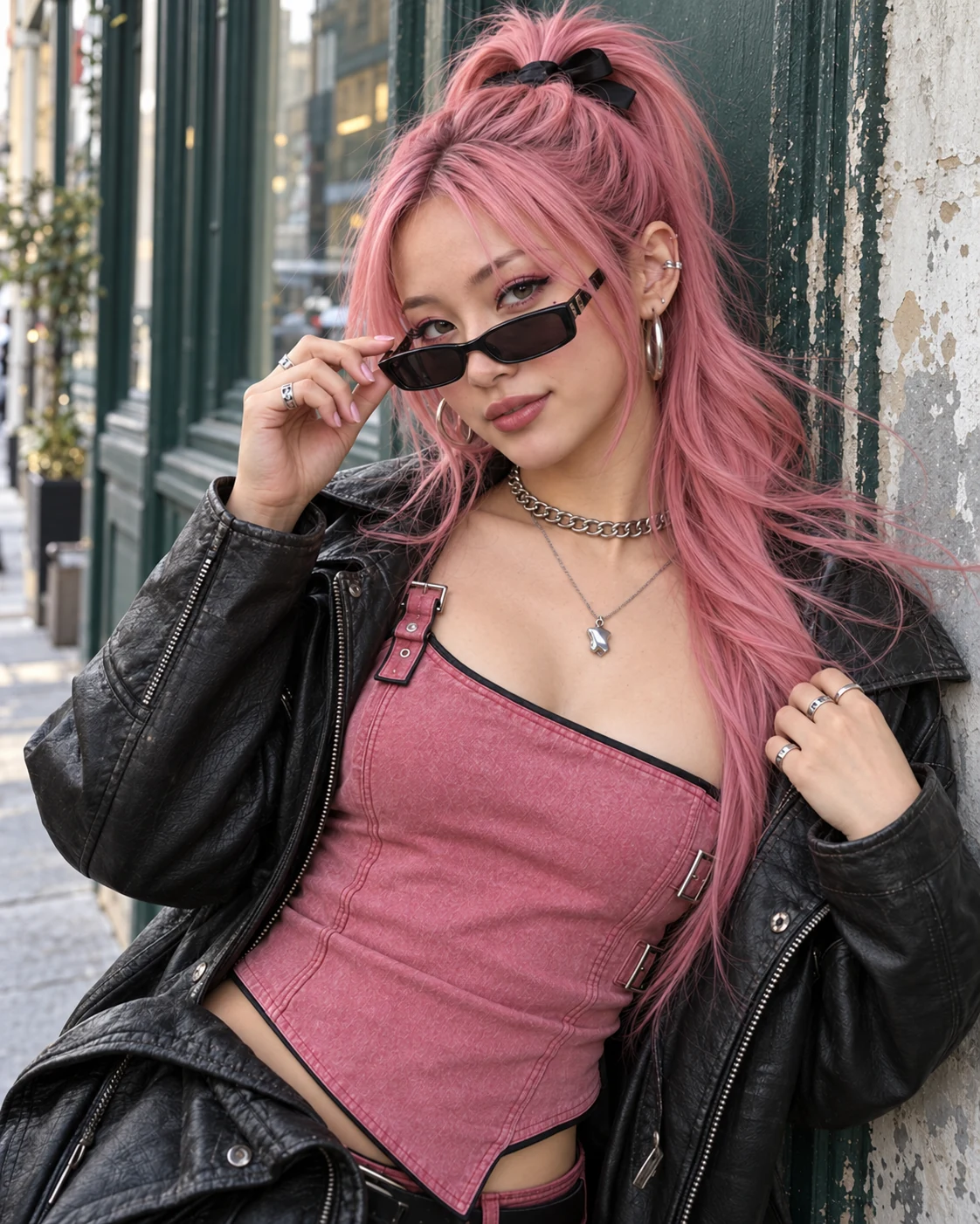MILA wearing a pink dress, black leather jacket, and sunglasses