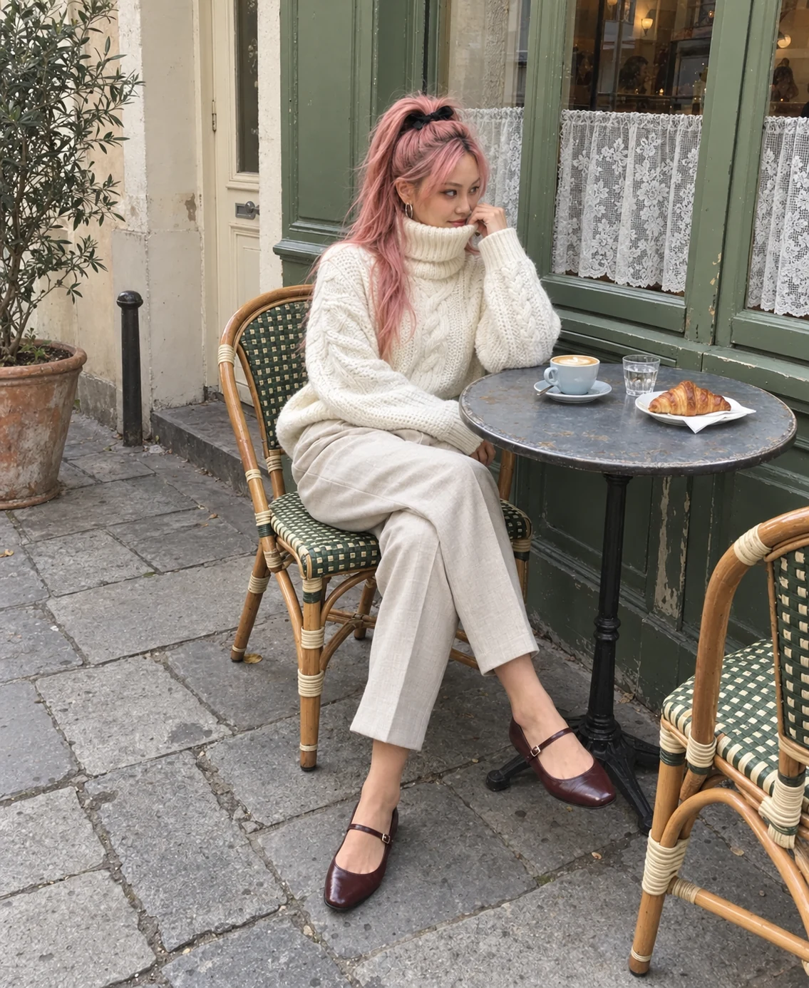 MILA enjoying coffee outside a Paris café in a cream knit sweater